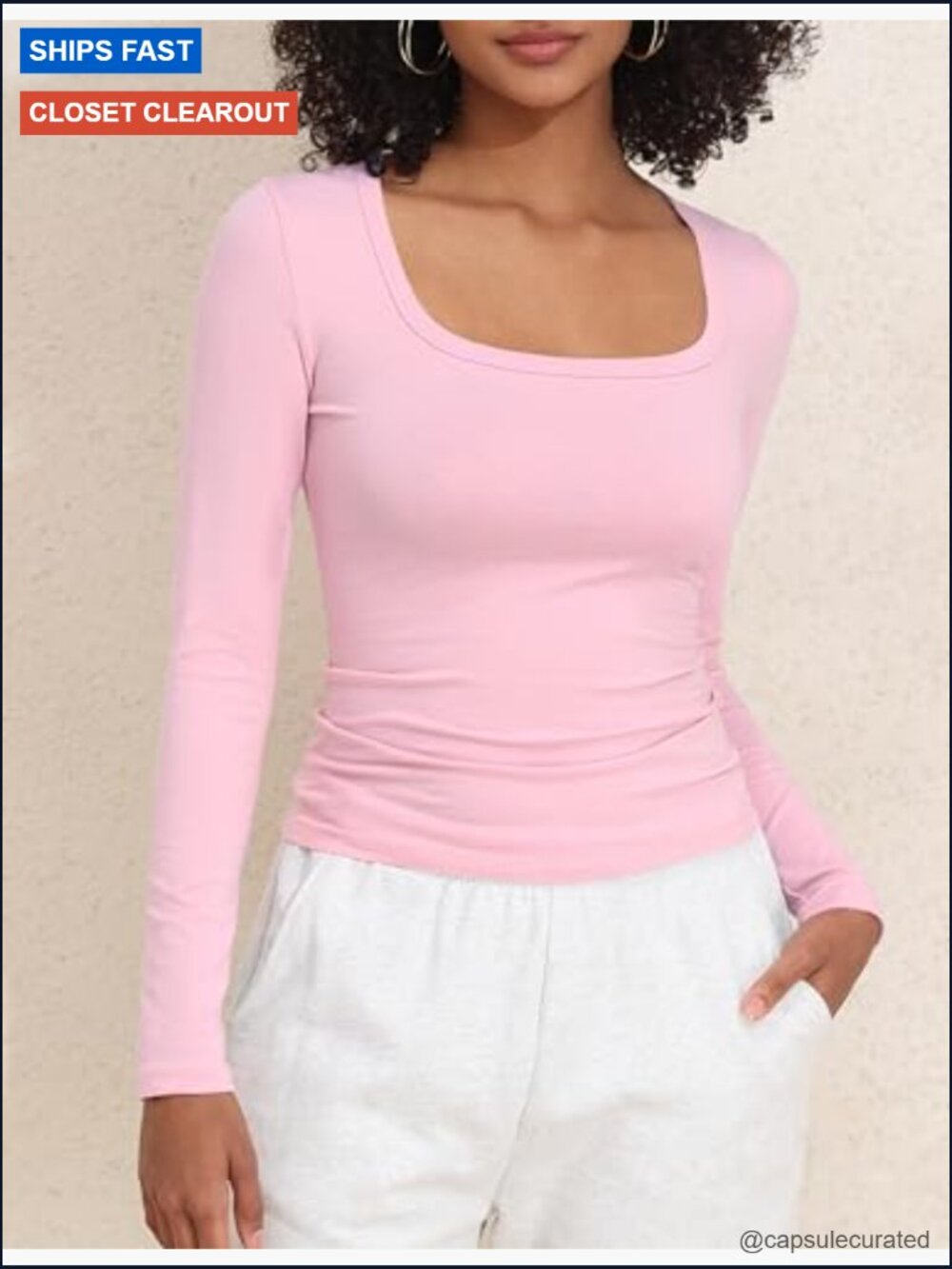 Cotton Square Neck Long Sleeve Slim Fit Tee - Picture 6 of 7